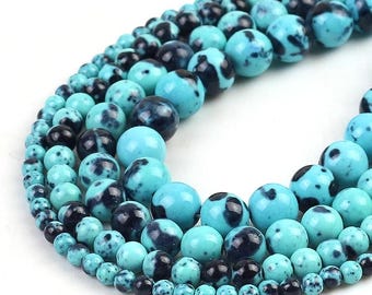 Turquoise & Navy Blue Rain Jasper Beads | Multicolor Round Stone Beads | 15" Strand 4mm–12mm | DIY Jewelry Making