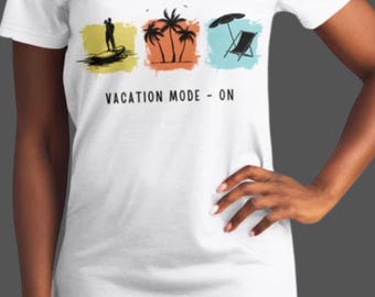Vacation Mode On White T-Shirt Dress, Casual Summer Beach Dress, Relaxed Fit Travel Outfit, Graphic Vacation Dress for Women copy