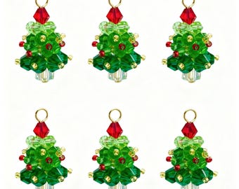 Crystal Glass Christmas Tree Charms | Beaded Holiday Pendants (6pc Set)