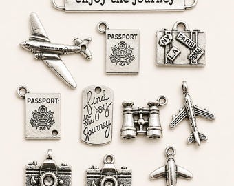 Vintage Travel Charms for Jewelry Making | Airplane, Camera, Passport, Suitcase (10-Piece Set)
