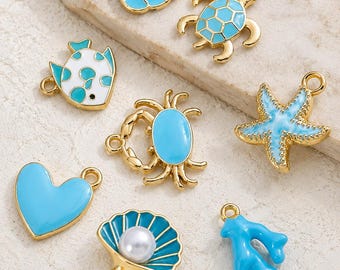 Ocean Charms | 10 White, Black or Turquoise Enamel Sea Life Pendants | Shell, Coral, Fish & Heart DIY Jewelry Supplies