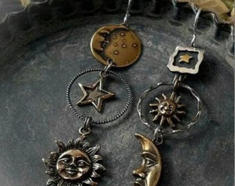 Sun & Moon Face Charms | Celestial Earring Pendants | Asymmetric Jewelry Making Components | Mythology Inspired DIY Supply