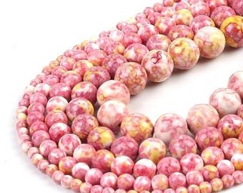Pink White & Yellow Rain Jasper Beads | Multicolor Round Stone Beads | 15" Strand 4mm–12mm | DIY Jewelry Making