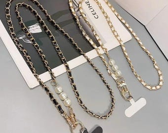Pearl Leather Phone Strap | Long Crossbody Lanyard with Metal Pendant