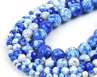 Blue & White Rain Jasper Beads | Multicolor Round Stone Beads | 15" Strand 4mm–12mm | DIY Jewelry and Bracelet Making