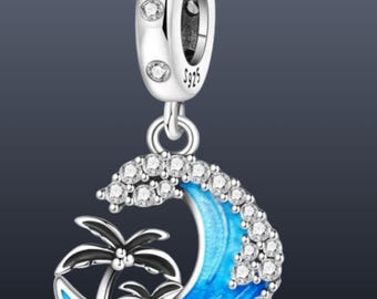 Palm Tree & Wave Charm | 925 Sterling Silver Beach Pendant | Tropical Bracelet and Necklace Gift