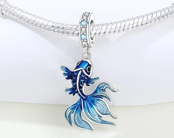 Sterling Silver Betta Fish Charm | Blue Pearl Zircon Ocean Pendant
