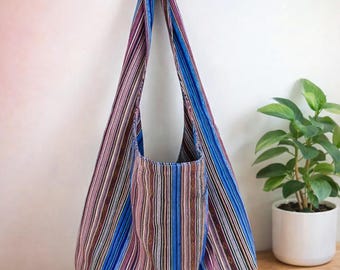 Boho Striped Hobo Bag, Canvas Crossbody Sling, Handwoven Shoulder Purse