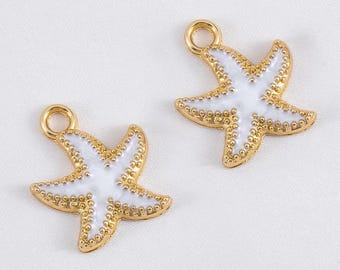 Starfish Charm Set | Gold & White Enamel Ocean Charms | Coastal Jewelry Pendant Pair | DIY Bracelet and Necklace Making