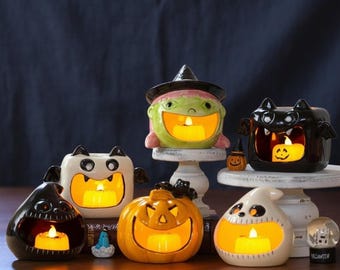 Halloween Ceramic Tealight Holders Set – Pumpkin, Ghost & Bat Candle Decor, Spooky Autumn Home Accent