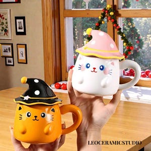 Hexe Katze Becher mit Deckel, Kawaii Keramik Kaffeetasse, Halloween Herbst Dekor