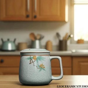 Blumige Keramik Teetasse mit Deckel & Sieb: Elegante Loseblatt-Infuser-Tasse