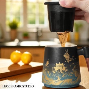 Taza de café de cerámica japonesa hecha a mano con asa de madera: taza de té rústica de cerámica