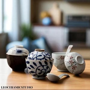 Taza de cerámica japonesa Chawanmushi con tapa y plato, elegante plato de natillas al vapor, vajilla tradicional