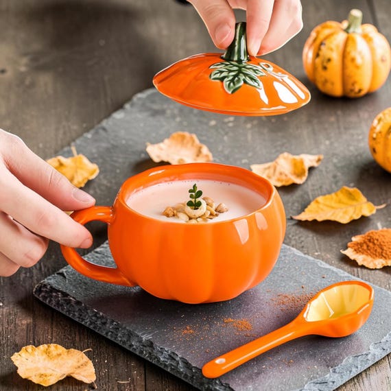 Ceramic Pumpkin Mug with Lid & Spoon: Fall Halloween Coffee Cup