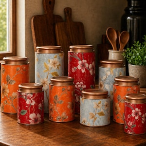 Può includere: Una collezione di barattoli decorativi con coperchi color rame. I barattoli presentano motivi floreali nei toni del rosso, arancione e blu. I barattoli sono disposti su una superficie di legno.