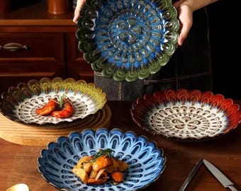 Handmade Glazed Stoneware Dinner Plates, Colorful Boho Tableware