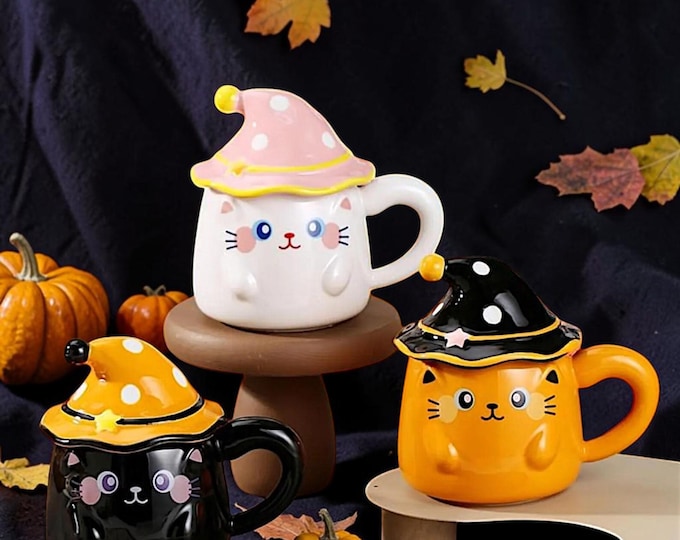 Witch Cat Mug with Lid, Kawaii Ceramic Coffee Cup, Halloween Fall Decor