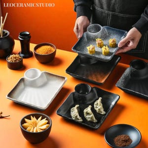 Handmade Japanese Ceramic Dumpling Plate, Appetizer Serving Tray with Sauce Dish