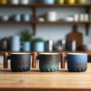 Handmade Japanese Ceramic Espresso Cups: Rustic Wooden Handle Coffee Set