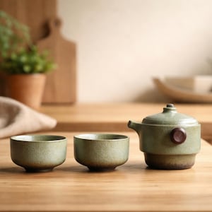 May include: A ceramic tea set with a green glaze, consisting of two small bowls and a teapot with a lid and a dark brown knob. The set is displayed on a wooden surface, suggesting a focus on tea ceremony.