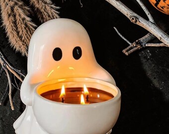 Bougeoir fantôme en céramique, bol réutilisable fait main en cire de soja, décoration d'Halloween