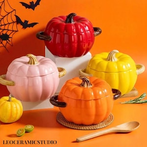 Tigela de sopa de abóbora de cerâmica com tampa: decoração de outono em grés