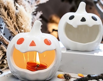 Ceramic Ghost Pumpkin Tealight Holder – Halloween Candle Holder, Spooky Autumn Decor