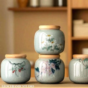 Tarro de té de cerámica floral con tapa: bote artesanal de hojas sueltas