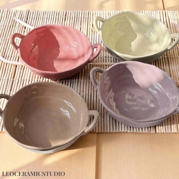 Handmade Colorful Ceramic Bowl with Handles: Kitchen Dinnerware