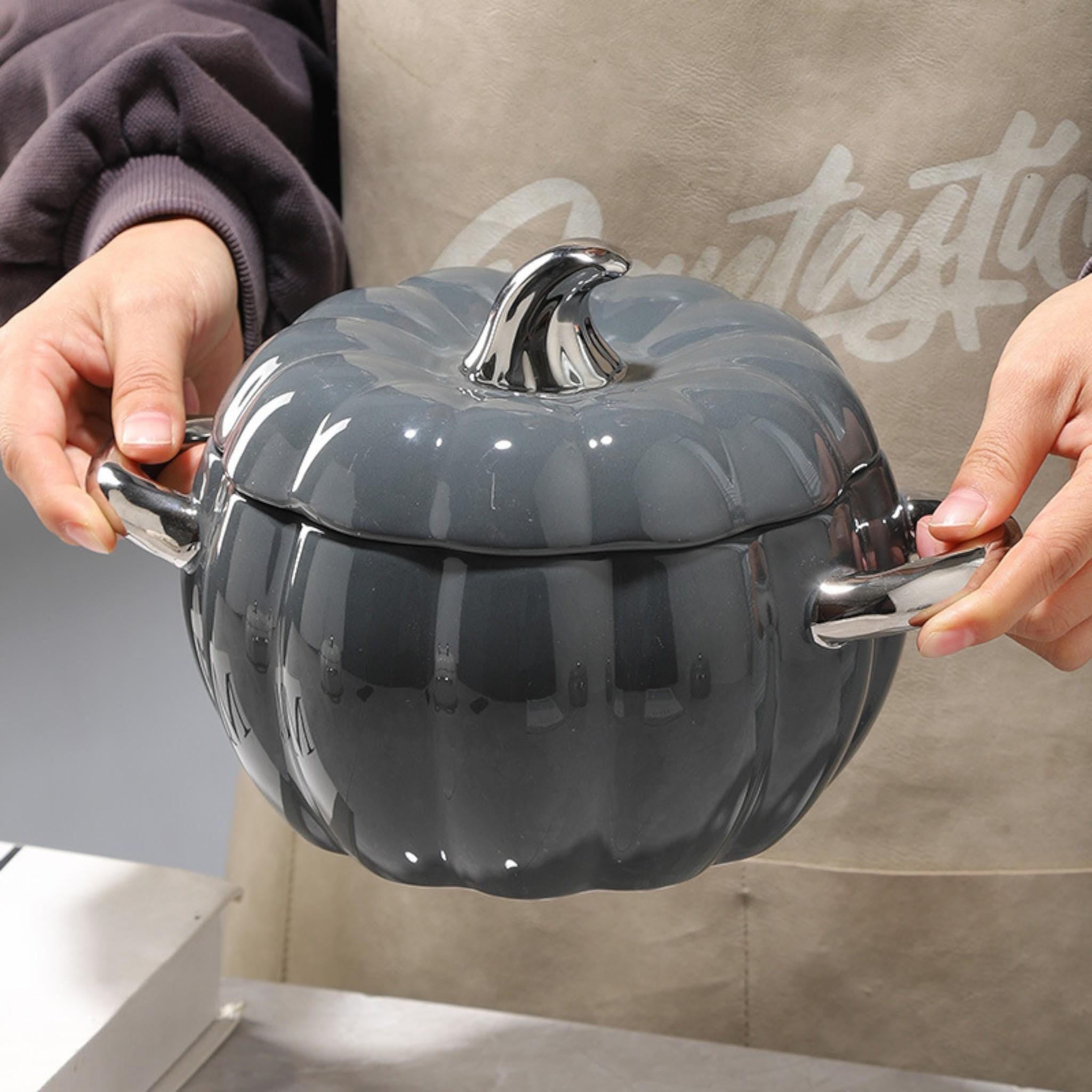 Mikinona Kürbis-Porzellanschüssel Mit Deckel – Dekorative Keramik-Snackschüssel, 150 Ml, Für Suppen, Snacks & Aufbewahrung (Kürbis-Design)