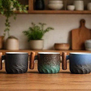以下が含まれることがあります： 木製の取っ手が付いたセラミックマグの列。マグカップは黒、茶色、青の色合いで、下半分にテクスチャ加工された波模様があります。背景には植物と木製の棚があります。