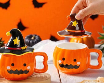 Ceramic Halloween Coffee Mug with Ghost Lid