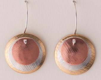 Classic Mod Earrings - Layered Disc Earrings -  Silver, Copper, & Brass