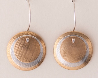 Classic Mod Earrings - Layered Disc Earrings -  Brass with Silver accent