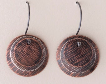 Classic Mod Earrings - Layered Disc Earrings -  Distressed Patina - Copper & Silver