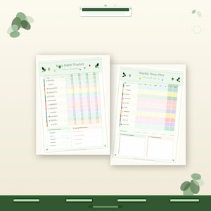 May include: Two white habit tracker and weekly deep-dive printable pages. The Keto Habit Tracker page has a colorful grid for tracking habits. The Weekly Deep-Dive page has a similar layout. Both pages have green and pastel color accents.