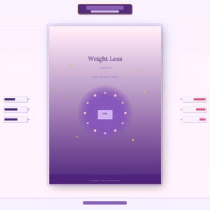 Op de afbeelding: Een digitale interface voor gewichtsverlies met een paarse gradiënt achtergrond. De interface bevat de tekst "Weight Loss Tracker" en een cirkelvormige afbeelding met een pictogram van een aktetas met het label "GOAL". Voortgangsbalken en decoratieve elementen zijn ook aanwezig.
