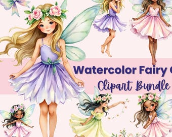 Watercolor Fairy Girl Clipart Bundle Digital Download Cute Fairy Images Flower Crown Fairies Fantasy Girl PNG Commercial Use
