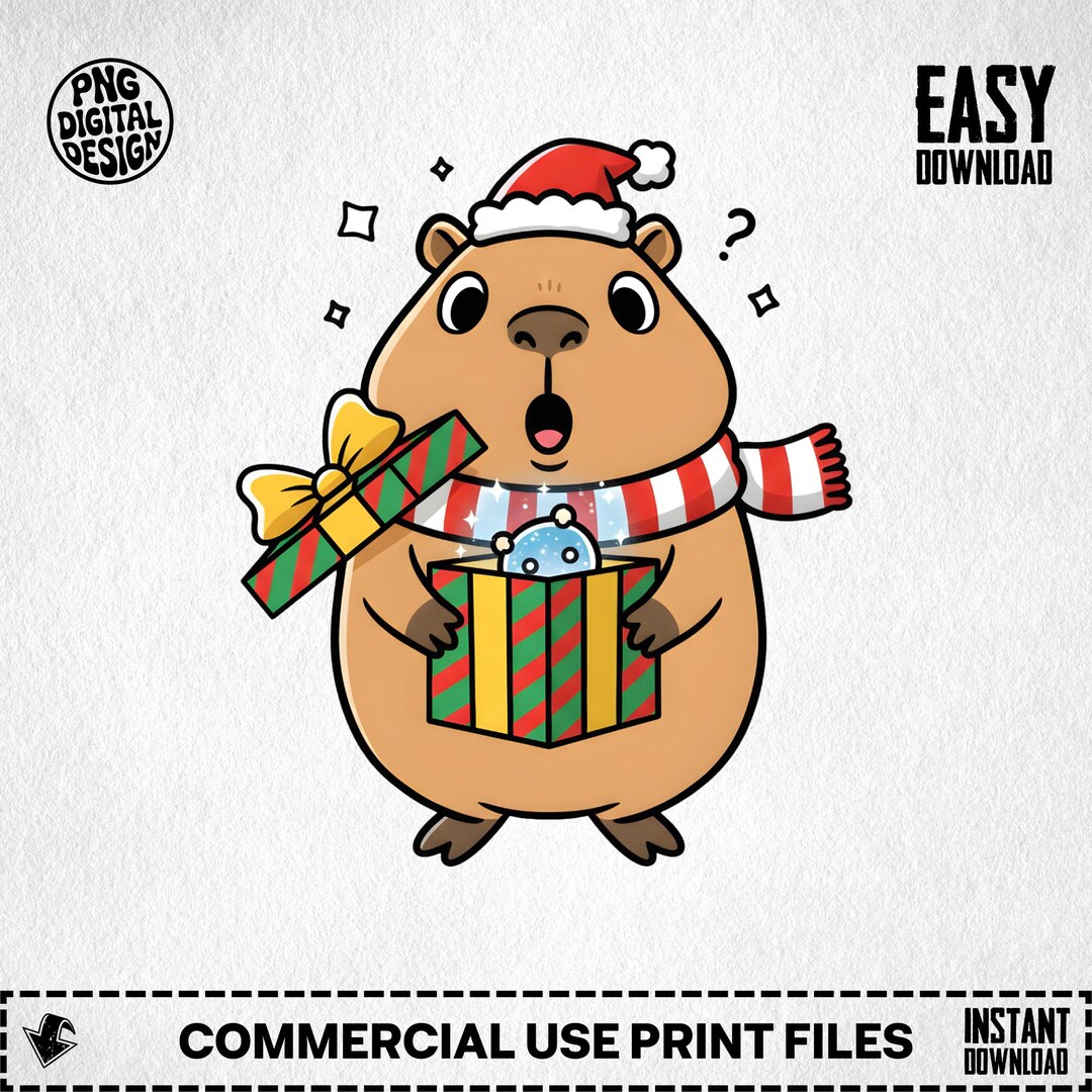 Capybara Christmas Clipart: Holiday Present, Cartoon Animal (digital ...
