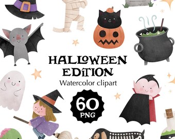 Halloween Clipart Bundle | 60 Cute Spooky PNGs | Witch, Ghost, Pumpkin, Cat | Instant Download