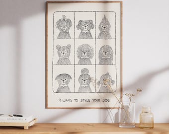 Funny Dog Grooming Styles Wall Art | Minimalist Line Drawing | Pet Lover Print | Instant Download | beige and black Poster
