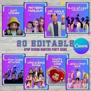 Könnte beinhalten: Eine Sammlung von 20 bearbeitbaren K-Pop Demon Hunters Party-Schildern. Jedes Schild zeigt farbenfrohe Illustrationen und Texte wie "Gift Corner", "Pattern Parlour" und "Soda-Pop Bar". Die Schilder haben einen lebendigen lila-blauen Farbverlauf.