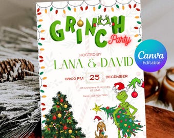 May include: A Christmas-themed invitation with the text "Grinch Party" in green, hosted by Lana & David. The design includes a Christmas tree, Grinch character, and a dog. The date is December 25th.