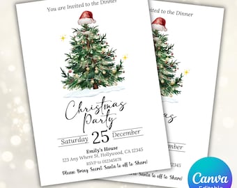 May include: Two white Christmas party invitations. Each invitation features a watercolor Christmas tree with a Santa hat on top. The text reads "Christmas Party" and includes the date, time, and location. The Canva logo is in the bottom right corner.