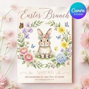 May include: An Easter Brunch invitation with a watercolour illustration of a bunny wearing a floral crown, surrounded by flowers and butterflies. The invitation includes the text "Easter Brunch" and "April 9th". The Canva Editable logo is in the upper right corner.