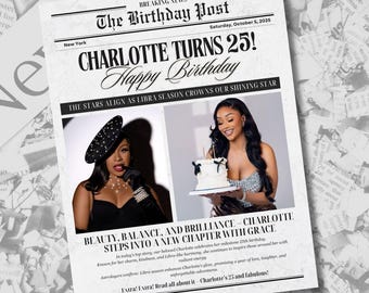 Birthday Newspaper canva Template, Invitation Party, Editable large Newspaper, (Digital Download)