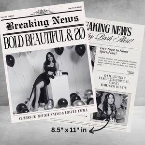 Peut inclure: Deux impressions de style journal en noir et blanc. Le titre du premier est "Breaking News BOLD BEAUTIFUL & 20". Le second dit "Breaking News, Party Bash Alert!" avec les détails de l'événement. Les impressions mesurent 21,6 x 27,9 cm.