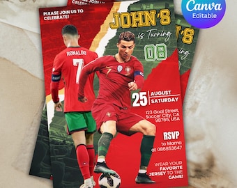 Ronaldo verjaardagsuitnodiging, CR7-uitnodiging, bewerkbare Ronaldo-uitnodiging, voetbaluitnodiging, Canva-sjabloon, Instant Download, ELKE LEEFTIJD