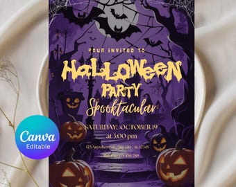 May include: A Halloween party invitation with a purple and black spooky theme. The invitation features jack-o'-lanterns, bats, and the text "Halloween Party Spooktacular". The date and time are also included.